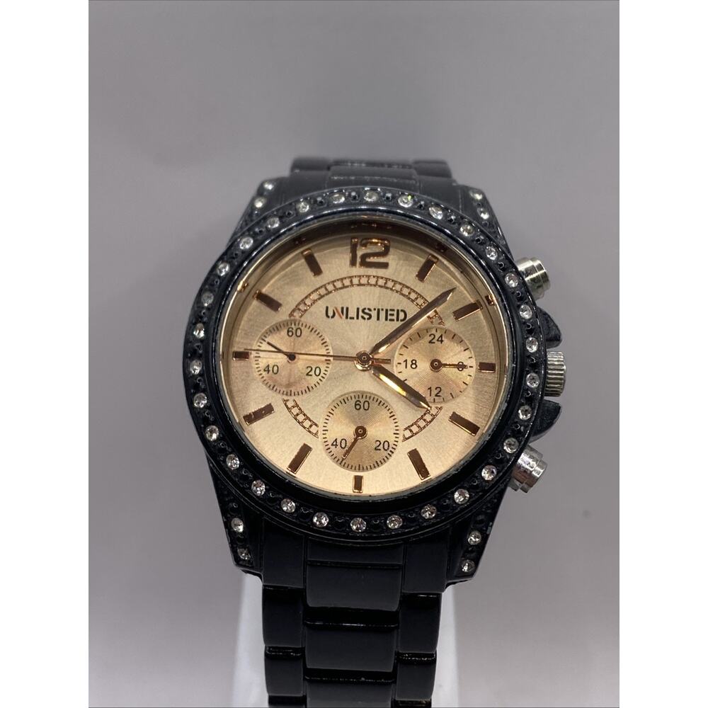 Unlisted Unisex roaegold Ruinestone Black Metallic Watch New Battery